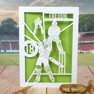 Carte d'anniversaire de cricket, carte d'anniversaire personnalisée, carte d'âge personnalisée, carte découpée au laser, 1er 5 10 16 21 30