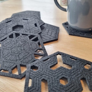 Geometric Felt Coasters – Set of 9 in Black | Hexagonal Laser Cut Drink Coasters | Modern Table Decor & Surface Protection