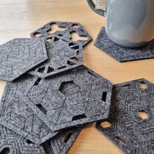 Geometric Felt Coasters – Set of 9 in Grey | Hexagonal Laser Cut Drink Coasters | Modern Table Decor & Surface Protection