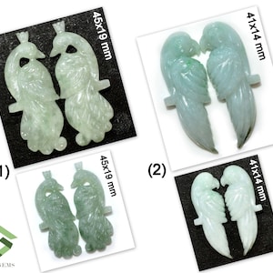 45x19 mm, 41x14 mm Natural Burma Jade Handmade Carving Pair Peacock, Parrot Shape Gems