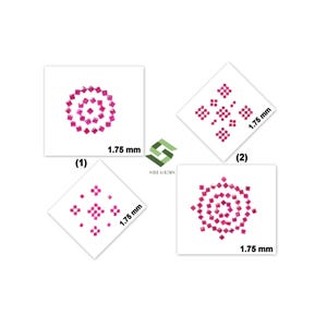 May include: Four distinct arrangements of small, square-cut, vibrant pink gemstones, each labeled with a size of 1.75 mm. The layout includes two circular patterns and two diamond-shaped patterns, all featuring the SBI GEMS logo in the center.
