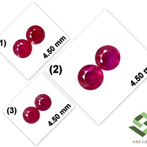 May include: Three sets of two round, red gemstones, each set labelled with a number (1, 2, and 3). Each set measures 4.50 mm.