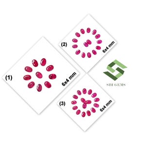 Può includere: Tre set di rubini di forma ovale, di un vivido colore rosso rosato, disposti in motivi circolari su sfondi bianchi. Ogni set è contrassegnato con il numero 1, 2 o 3 e include il testo 6x4 mm. È presente un logo geometrico verde con SBI GEMS.