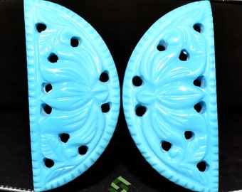 Hand Carved Turquoise Gemstone Pair: Arizona Sky Blue Moons (28x14 mm)