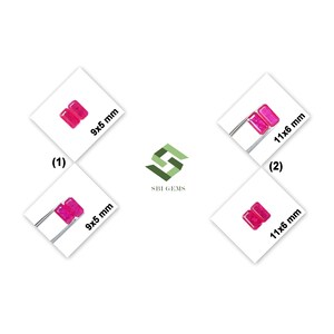 Könnte beinhalten: Vier Sets rechteckiger, leuchtend pinker Edelsteine, angeordnet in zwei Paaren. Zwei Sets sind mit 9x5 mm und zwei Sets mit 11x6 mm beschriftet. Das Bild enthält den Text SBI GEMS sowie die numerischen Bezeichnungen (1) und (2).