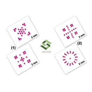 May include: Four white square cards displaying arrangements of small, round, pink gemstones. Each card features the text 2 mm, indicating the size of the stones. A central green logo with the text SBI GEMS is positioned between the four cards.
