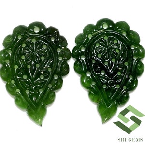 Handmade Serpentine Leaf Carvings: Green Gemstone Pair