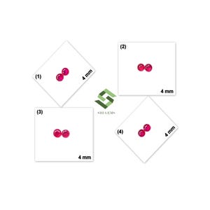 Könnte beinhalten: Vier Sets mit je zwei runden, leuchtend pinken Edelsteinen, nummeriert von eins bis vier. Jeder Edelstein hat einen Durchmesser von 4 mm. Das Bild enthält den Text SBI GEMS in der Mitte, umgeben von vier weißen quadratischen Anzeigen.