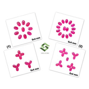 Könnte beinhalten: Eine Sammlung oval geschliffener rosa Edelsteine, die in vier verschiedenen Gruppen auf weißem Hintergrund angeordnet sind. Jede Gruppe ist mit dem Text 6x4 mm beschriftet, der die Maße der Steine angibt. Das SBI GEMS Logo ist mittig.