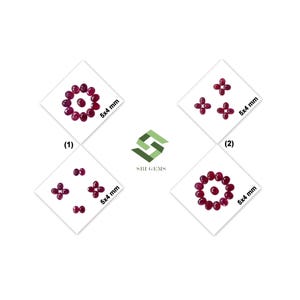 Pode incluir: Uma coleção de rubis vermelho-escuros com corte oval dispostos em quatro grupos distintos sobre fundos brancos. Cada grupo está rotulado com o texto 5x4 mm, indicando o tamanho das gemas. Um logótipo central apresenta SBI GEMS.