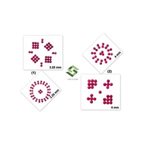 May include: A collection of small, round, deep red gemstones arranged in various geometric patterns on white cards. The cards are labelled with sizes 3.25 mm and 4 mm. A green logo with the text SBI GEMS is positioned in the centre.