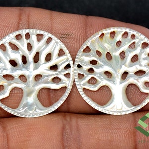 30-50x42 mm Mother of Pearl Tree Carving: Handmade Loose Gem Pairs