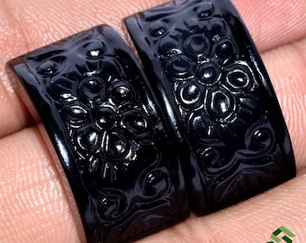 25x12 mm, 30x15.50 mm Natural Black Onyx Hand Made 2 Carving Pairs Loose Gemstones