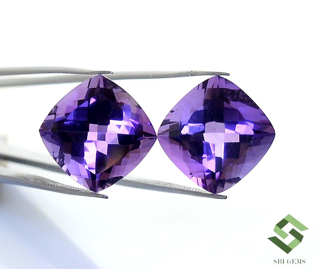 大きな天然アメジストクッションカットルース13.45ct 14 x 14 mm IGI認定天然アメジスト クッションカット ペア 22.77