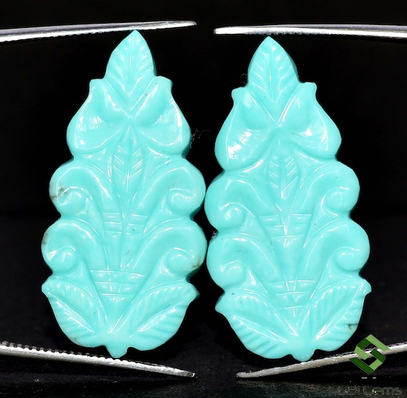 手作り彫刻天然ターコイズ彫刻ペア：27 x 13 mm 18.08カラットリーフ