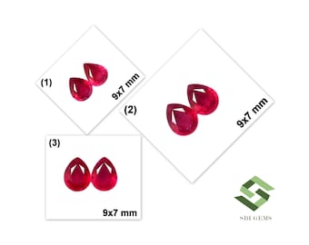 May include: Three sets of two pear-shaped red gemstones, each set measuring 9x7 mm. The gemstones are displayed on white cards with the measurements printed on them.