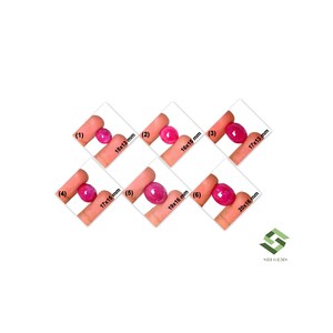 Könnte beinhalten: Sechs oval geformte, pink-rote Cabochon-Edelsteine, nummeriert von (1) bis (6), mit Abmessungen von 15x13 mm bis 20x16 mm. Jeder Stein wird einzeln dargestellt und zeigt eine glatte, polierte Oberfläche sowie eine kräftige Farbsättigung.