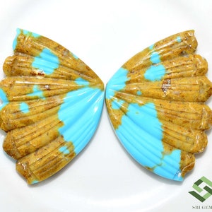 May include: Two turquoise cabochons with a fan-shaped design. The cabochons are a light blue color with brown and gold accents.