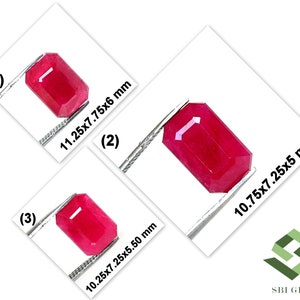 May include: Three red gemstone cabochons of varying sizes, each held by a pair of tweezers. The gemstones are rectangular in shape and have a smooth, polished surface. The measurements of each gemstone are listed in millimetres.