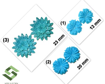May include: Three pairs of turquoise cabochon flower shaped gemstone carvings. The first pair is 13 mm, the second pair is 20 mm, and the third pair is 23 mm.