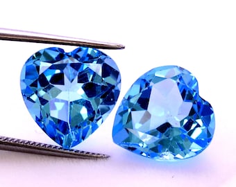 12x12 mm Natural Swiss Blue Topaz Heart Pair: 14.02 CTS Faceted Loose Gemstones