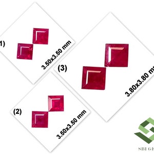 Peut inclure: Trois ensembles de pierres précieuses carrées rouges, chaque ensemble contenant deux pierres. Les ensembles sont numérotés 1, 2 et 3. Les dimensions de chaque ensemble sont indiquées en millimètres : 3,50 x 3,50 mm, 3,50 x 3,50 mm et 3,80 x 3,80 mm. L’image comprend également le texte « SBI GEMS ».