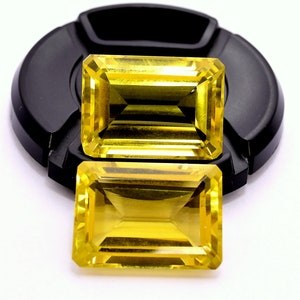 Lemon Quartz Octagon Cut Pair: Green Gold Gemstones, 74.77 Cts