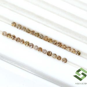 May include: Two rows of small, round, brown diamonds arranged on a white surface. The diamonds are all the same size and shape, and they are arranged in a symmetrical pattern.