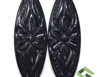 33x11 mm Natural Black Onyx Handmade 4 Design Carving Pairs Loose Gemstones