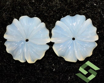 Handmade Carved Flower Gemstones: Chalcedony, Opal, Onyx Pair
