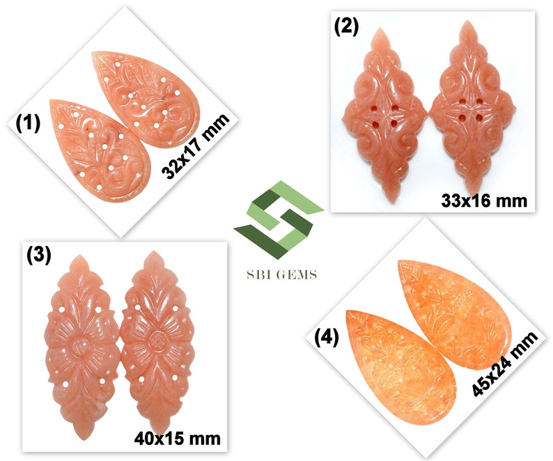 May include: Four pairs of carved peach-colored gemstone pendants. Each pair has a unique design, with sizes ranging from 32x17 mm to 45x24 mm. The pendants feature floral and ornamental patterns, suitable for jewelry making.