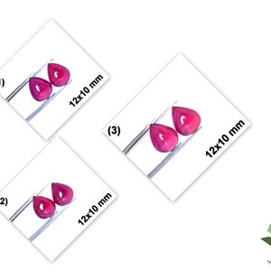 May include: Three sets of two pear-shaped, deep pink gemstones, each labeled with numbers 1, 2, and 3. Each pair is held by silver-toned tweezers and measures 12x10 mm. The logo for SBI GEMS is visible in the bottom right corner of the image.