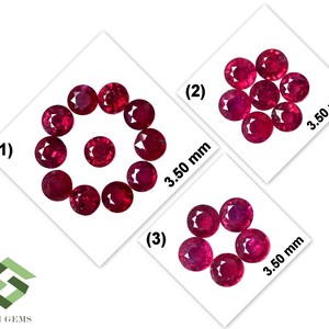 Könnte beinhalten: Drei Gruppen runder, roter Edelsteine, jede Gruppe mit 7, 8 bzw. 5 Edelsteinen. Jeder Edelstein hat einen Durchmesser von 3,50 mm.