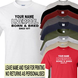 T-shirt Liverpool Born & Bred personnalisé avec nom et année de football fantaisie