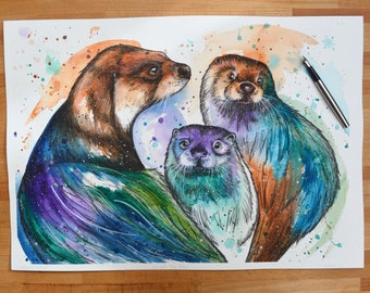 Otter Watercolour Print - 'Go with the flow'