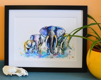 Elephant Herd Watercolour Painting