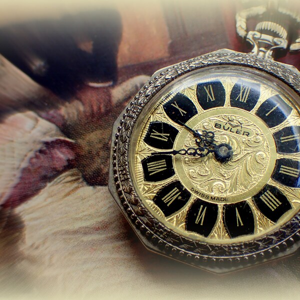 Vintage Buler Swiss Made Octagonal Mechanical Ladies Pendant/Pocket Watch With Pewter Chain