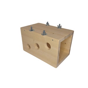 May include: A wooden box with three holes and four metal screws on the top. The box is made of light wood and has a natural finish.