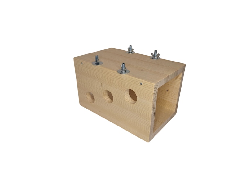 May include: A wooden box with three holes and four metal screws on the top. The box is made of light wood and has a natural finish.