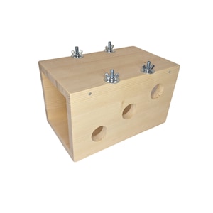 May include: A wooden box with four holes and four metal screws on the top. The box is made of light wood and has a natural finish.