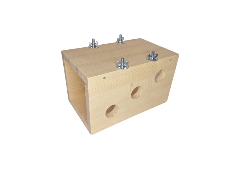 May include: A wooden box with four holes and four metal screws on the top. The box is made of light wood and has a natural finish.