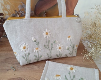 Floral embroidered linen clutch bag and purse embroidery handbag hand embroidered bags purses daisy daisies wallet gift gifts for her girl