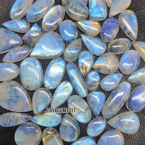 Op de afbeelding: Een verzameling gepolijste maansteen edelstenen in verschillende vormen, waaronder ovaal, druppelvormig en onregelmatig. De stenen vertonen een melkachtige witte basis met blauwe en gouden iriserende flitsen. De edelstenen zijn gerangschikt op een donkere ondergrond.