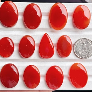 Può includere: Undici cabochon di corniola rossa levigati, lisci e di forma ovale, più un cabochon a goccia, disposti su un vassoio espositore bianco. Una moneta da venticinque centesimi statunitense è posta accanto alle pietre per indicarne la scala.