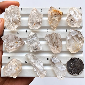 Peut inclure: Une collection de onze cristaux de quartz bruts et transparents disposés sur un plateau de présentation blanc rainuré. Chaque cristal est numéroté de 1 à 11. Une pièce de monnaie américaine est placée à côté du cristal 11 pour l'échelle.
