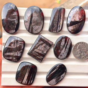 Puede incluir: Ocho piedras preciosas pulidas de color marrón oscuro y negro con inclusiones fibrosas y chatoyantes visibles, dispuestas en una bandeja blanca. Una moneda de cuarto de dólar estadounidense se coloca al lado para mostrar la escala.