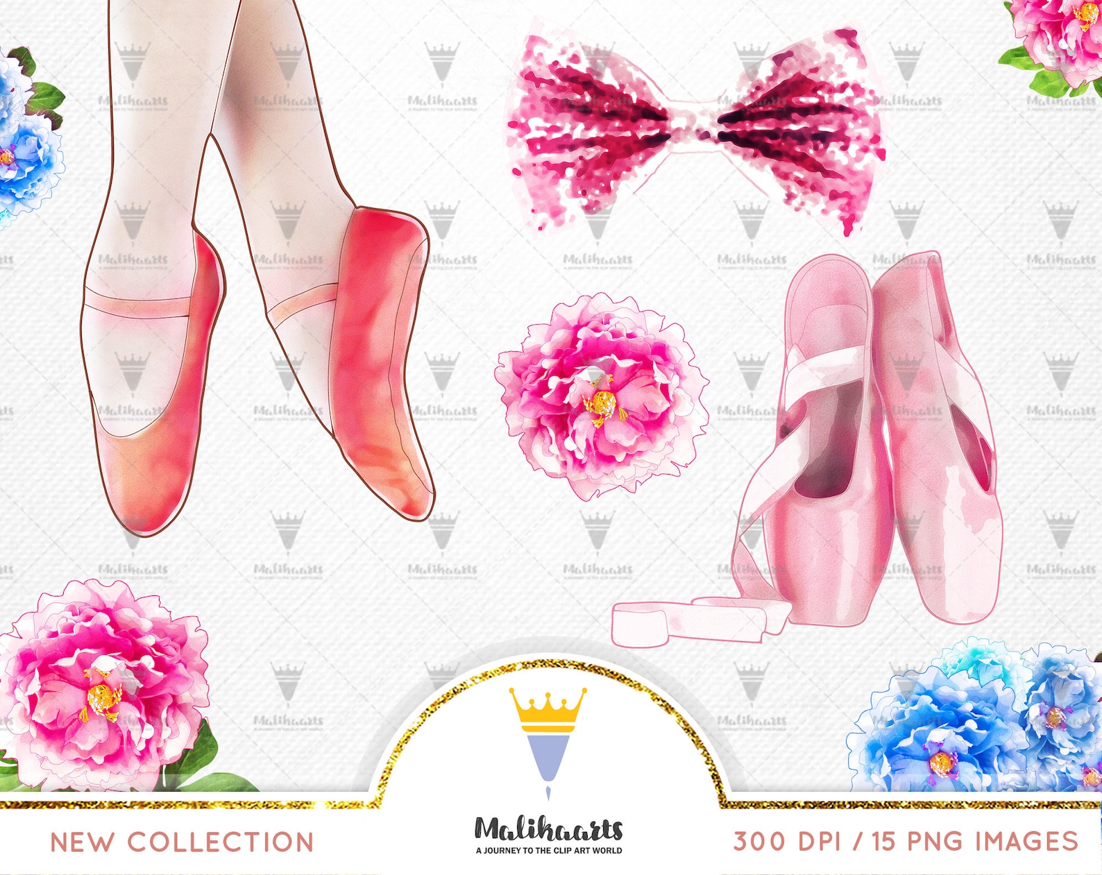 ballerina clipart, ballet clipart, watercolor ballet shoes, tutu dress, bridal shower, wedding invitation, romantic, roses peoni