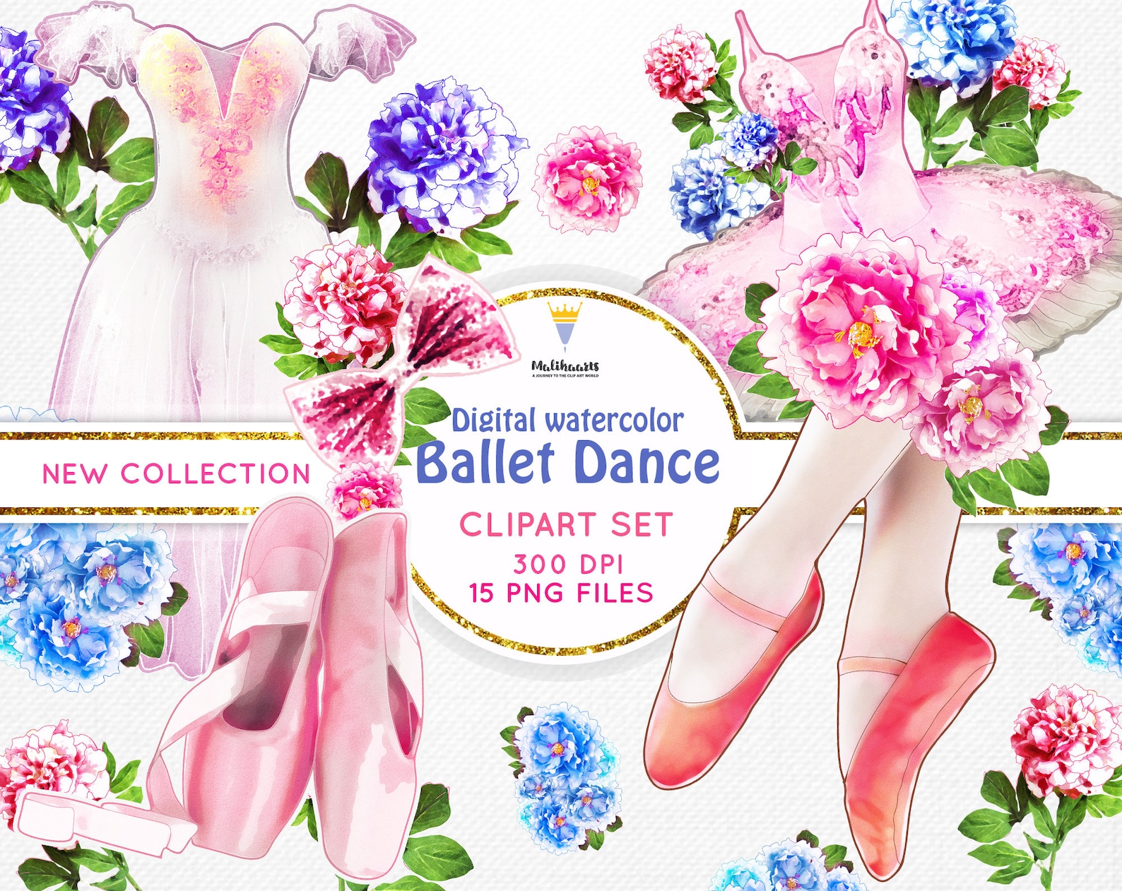 ballerina clipart, ballet clipart, watercolor ballet shoes, tutu dress, bridal shower, wedding invitation, romantic, roses peoni