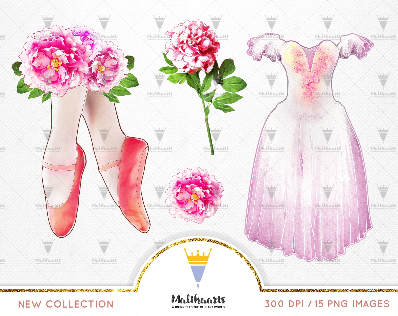 ballerina clipart, ballet clipart, watercolor ballet shoes, tutu dress, bridal shower, wedding invitation, romantic, roses peoni