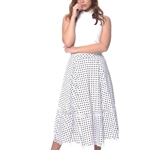 Flared Midi Skirt Polka Dot Fully Lined Adorned 100% Cotton Adorned with Bobbin Lace Trims - Shipping Worldwide from the UK